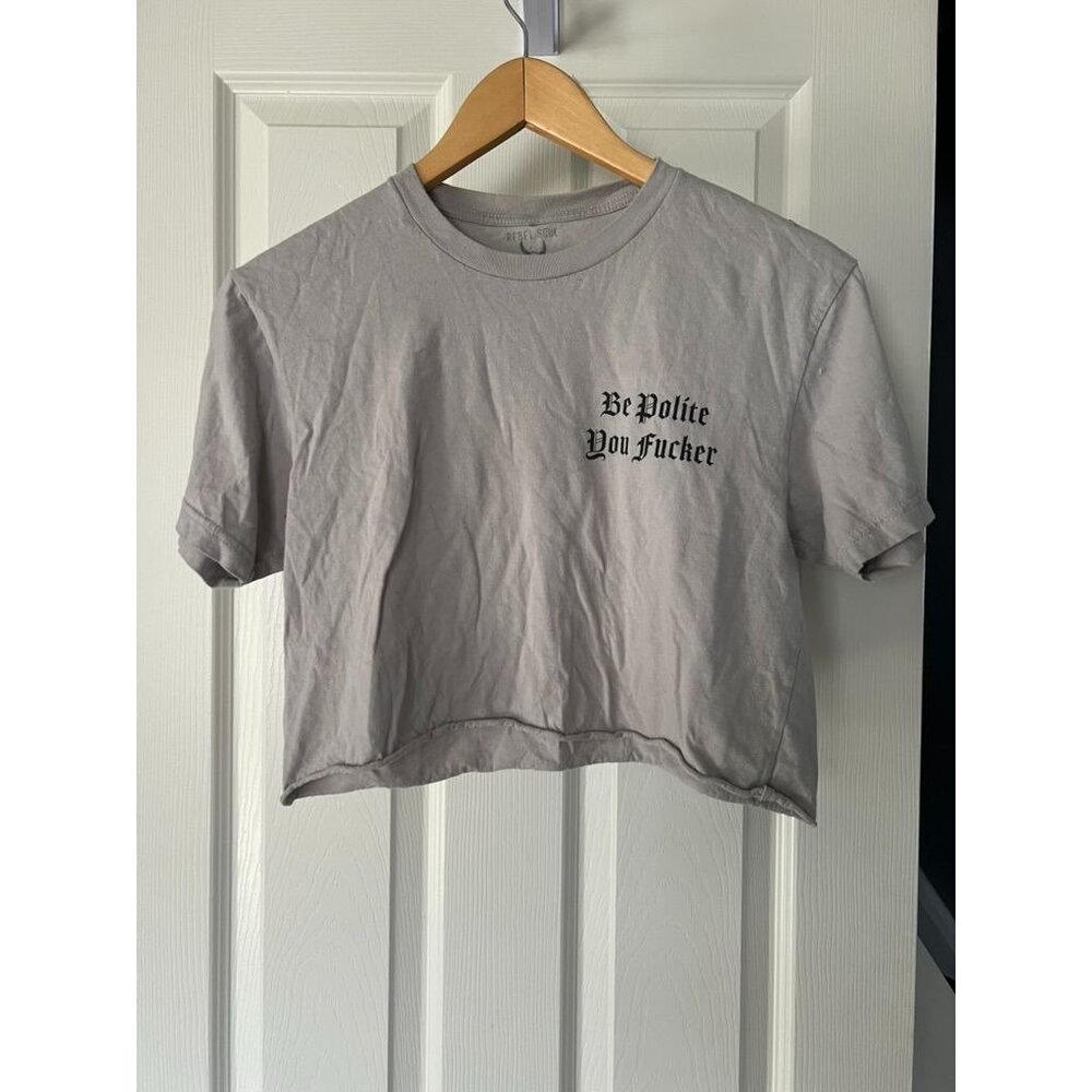 Rebel Soul Collective Cropped Graphic Tee Gray Sz S “Be Polite You F***er” Punk